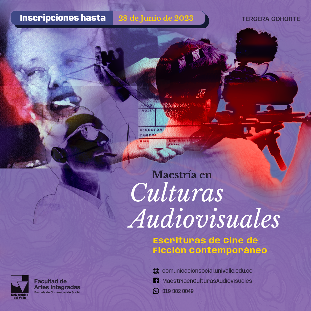 Imagen cuadrada promocional de la Maestría en Culturas Audiovisuales de la Universidad del Valle de Colombia