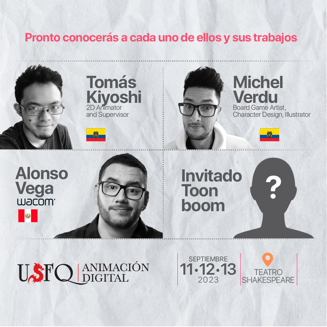 Fotografías a escala de grises de los invitados al encuentro Anímate 2D23