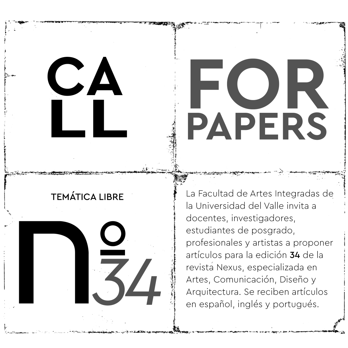 Imagen promocional cuadrada de la convocatoria para la Revista Nexus en su edición 34